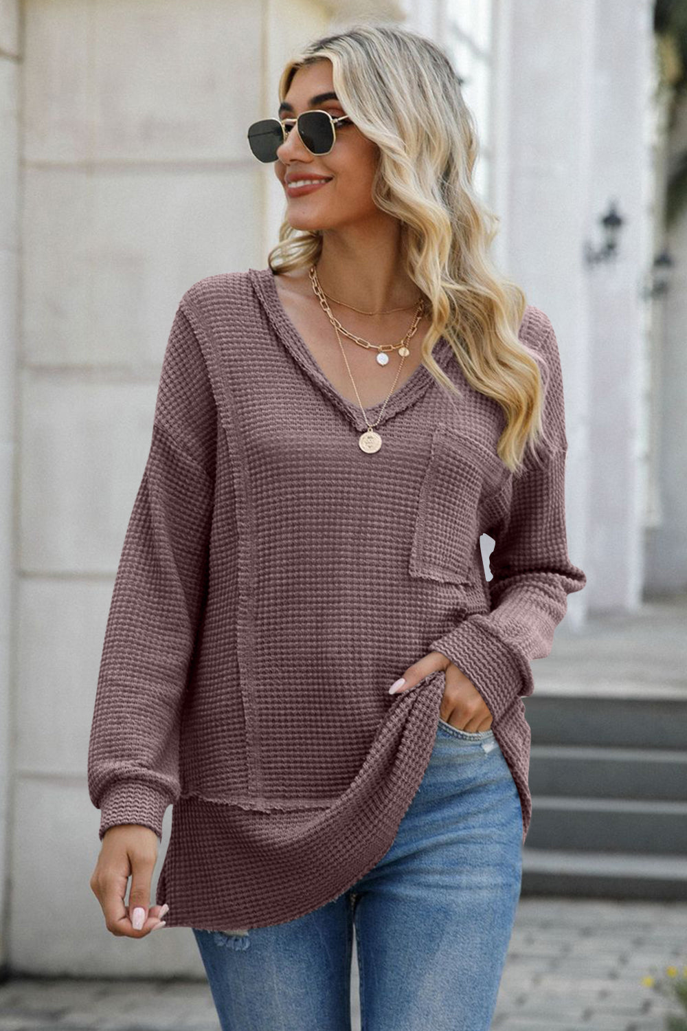 Exposed Seam V-Neck Long Sleeve T-Shirt