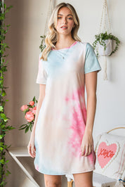 Tie-Dye Round Neck Short Sleeve Slit Dress