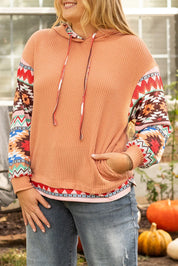 Plus Size Drawstring Geometric Long Sleeve Hoodie