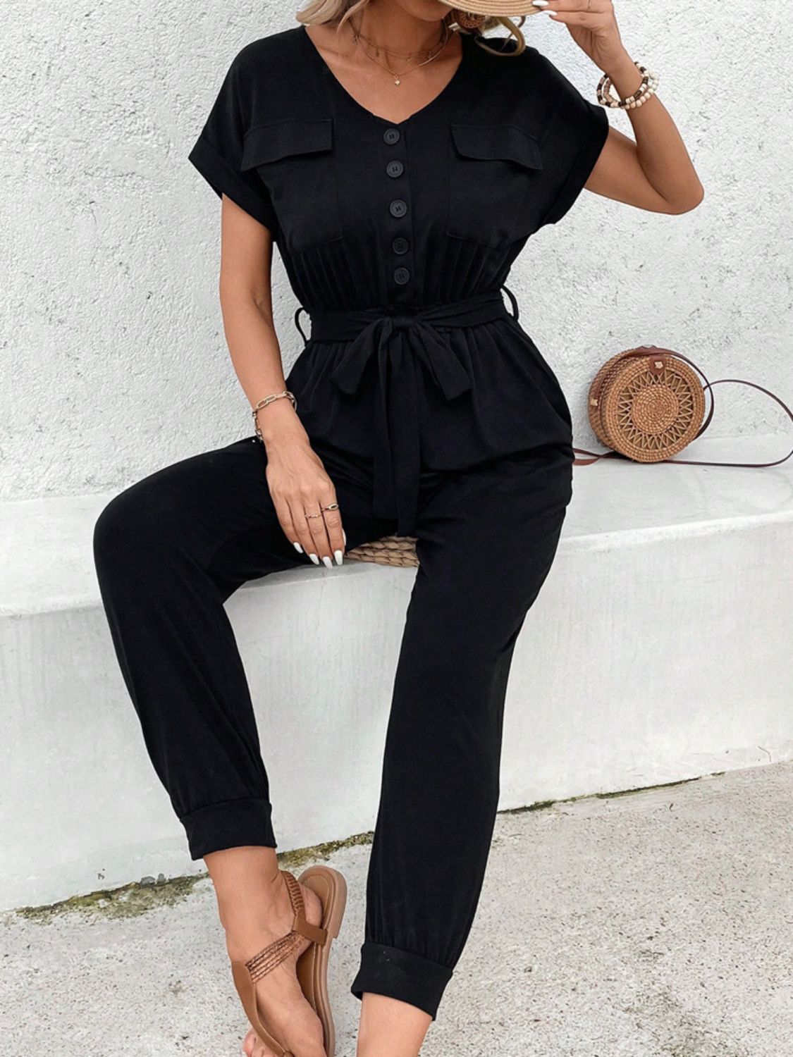 Perfee V-Neck Short Sleeve Jumpsuit