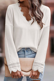 Lace Detail V-Neck Long Sleeve T-Shirt