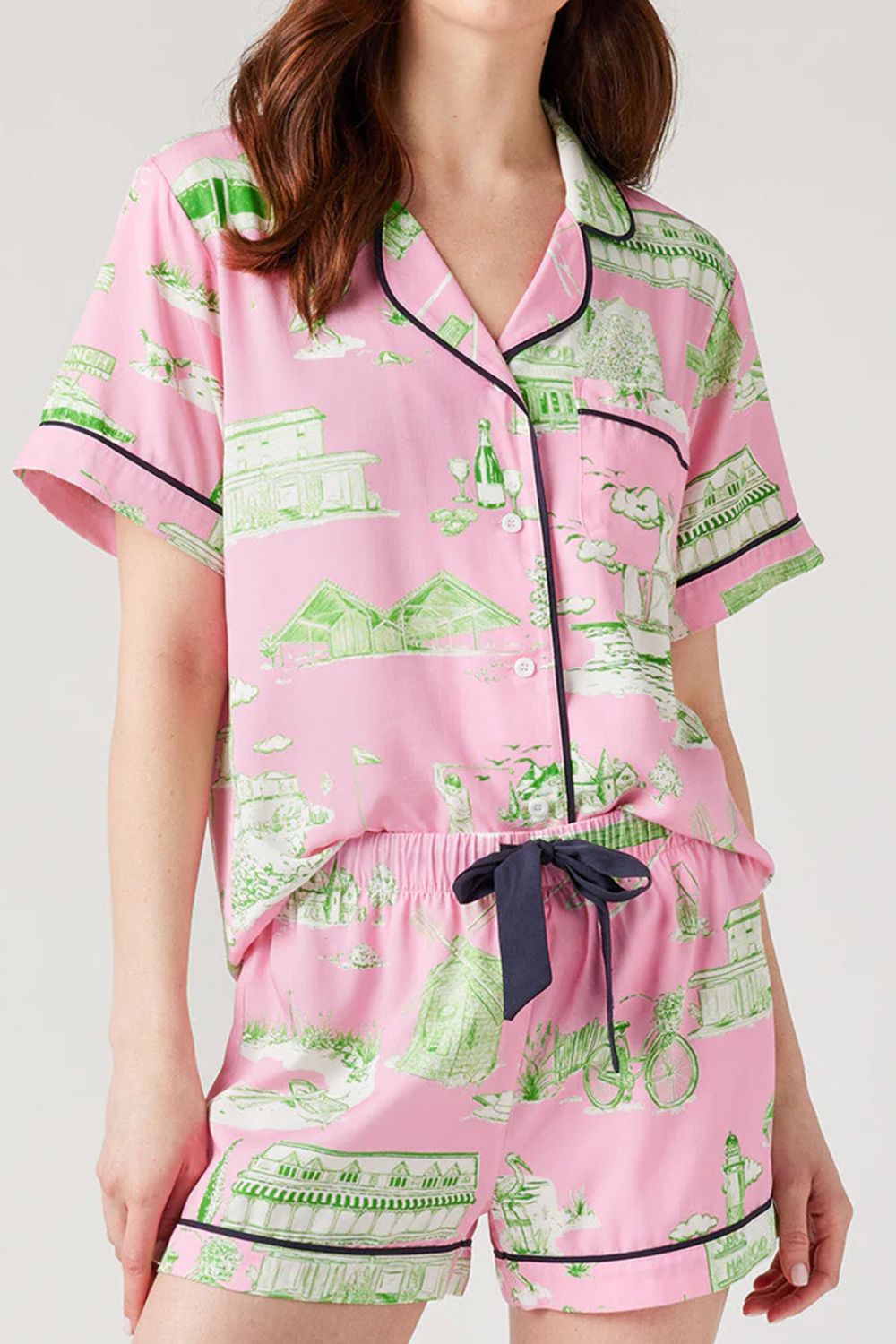 Collared Neck Printed Top and Drawstring Shorts Lounge Set