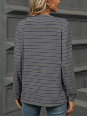 Striped Notched Long Sleeve T-Shirt