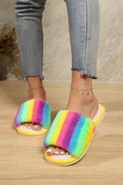 Color Block Open Toe Faux Fur PVC Slippers