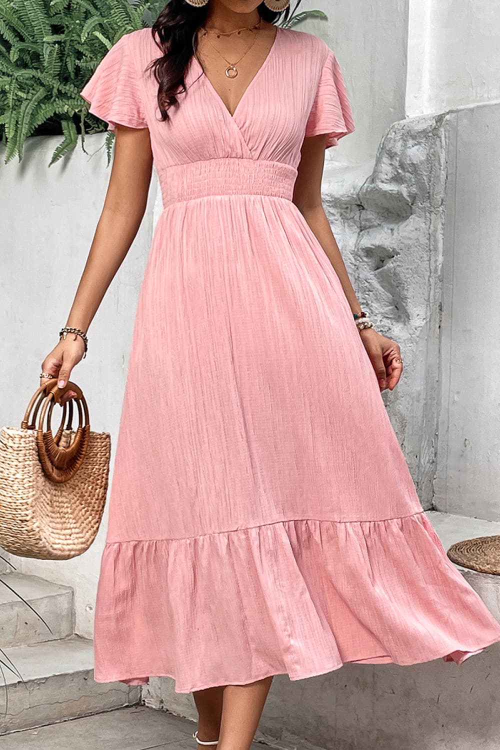 Honey Surplice Neck Smocked Waist Flutter Sleeve Dress