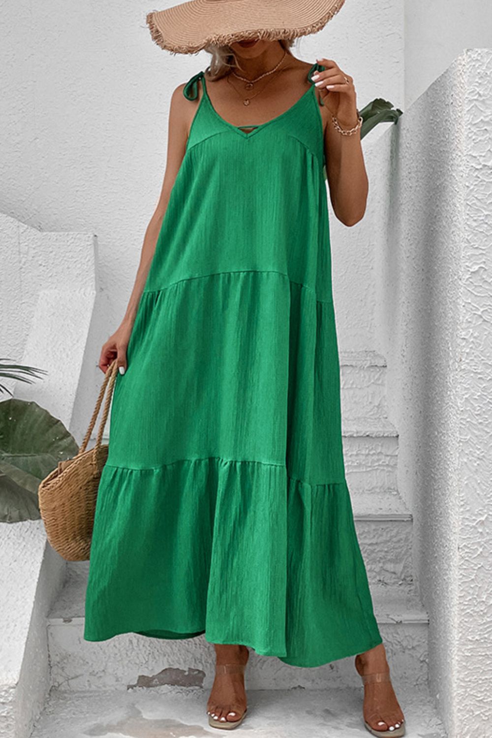 Perfee Tie-Shoulder Tiered Maxi Dress