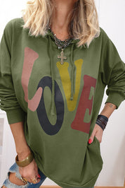 LOVE Drawstring Dropped Shoulder Hoodie