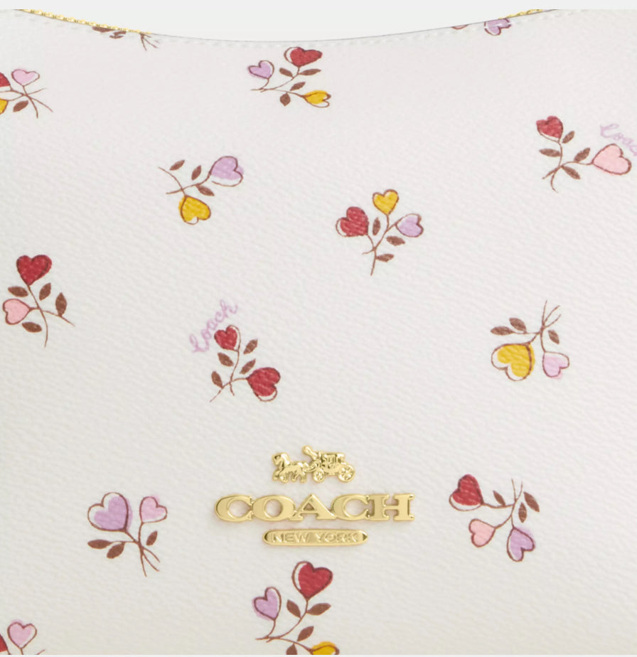 Coach Zip Top Shoulder Bag with Heart print Flowers In Gold/Chalk Multi