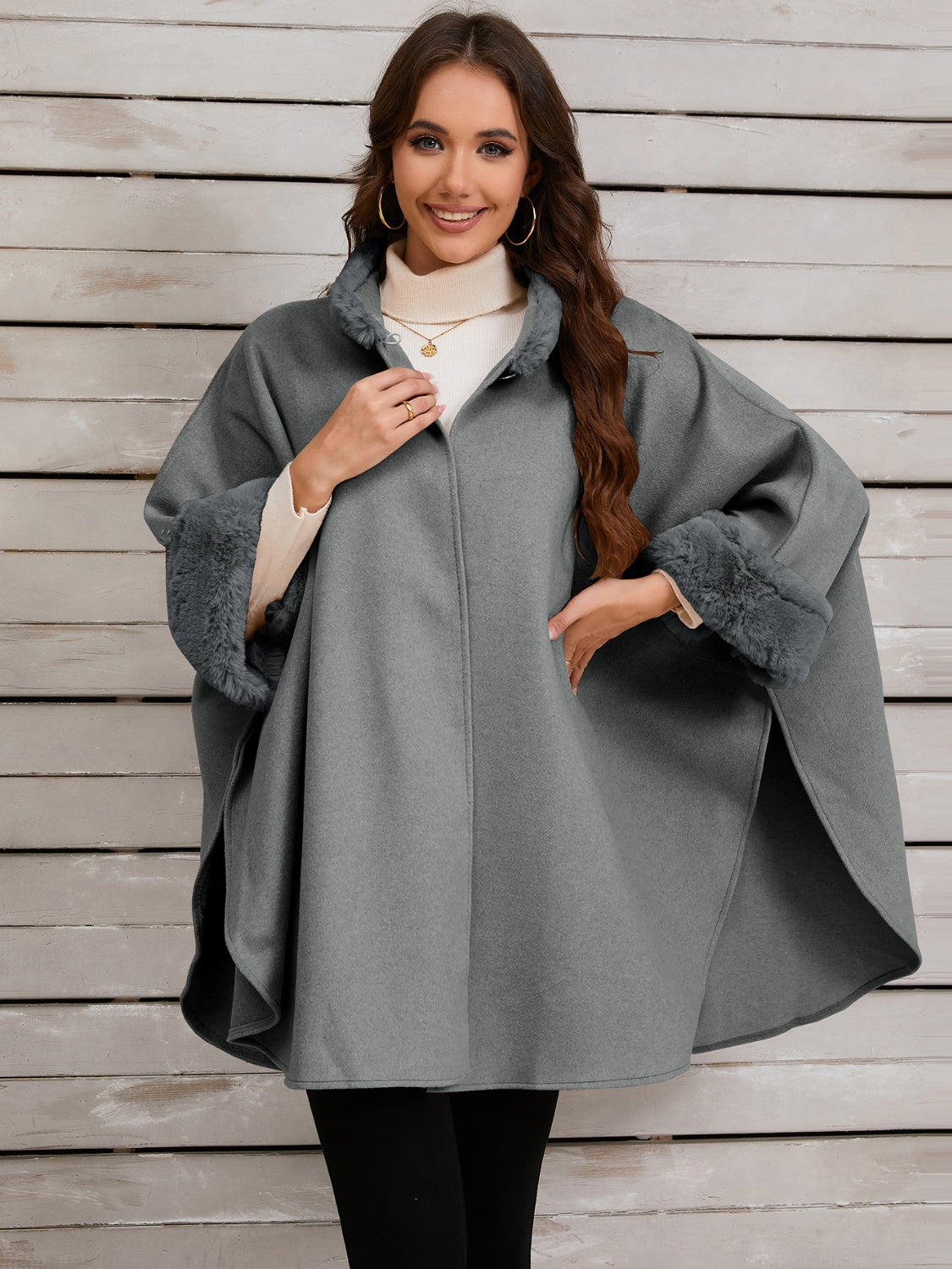 Fuzzy Trim Long Sleeve Poncho