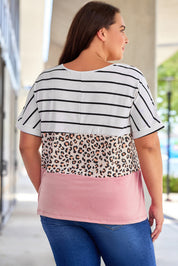 Plus Size Striped Leopard Round Neck Half Sleeve T-Shirt