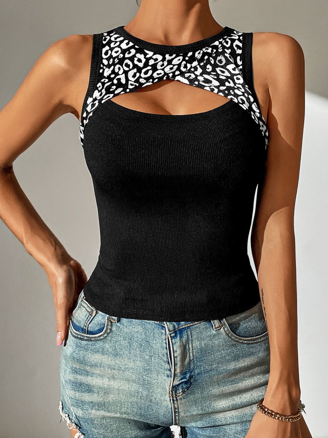 Ivy Lane Leopard Cutout Round Neck Tank