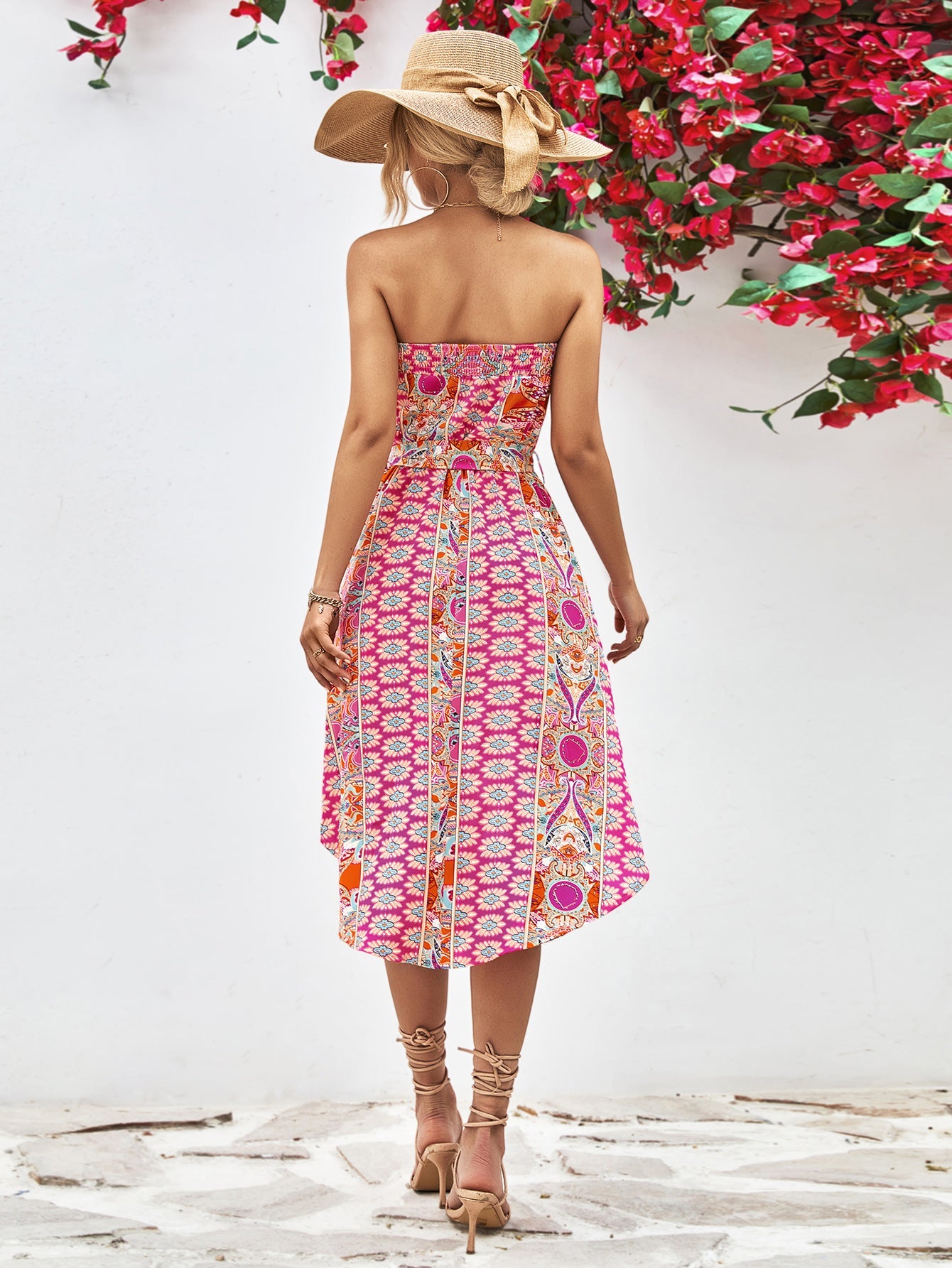 Printed Strapless Tie Belt Dress