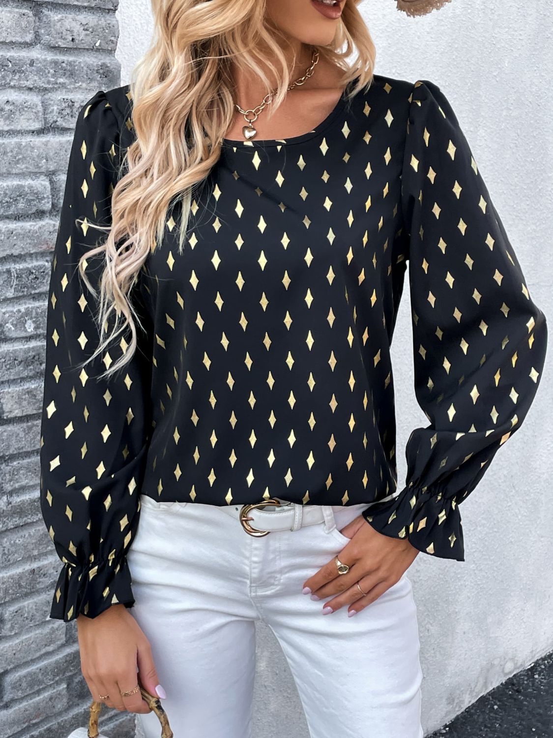 Perfee Printed Round Neck Flounce Sleeve Blouse