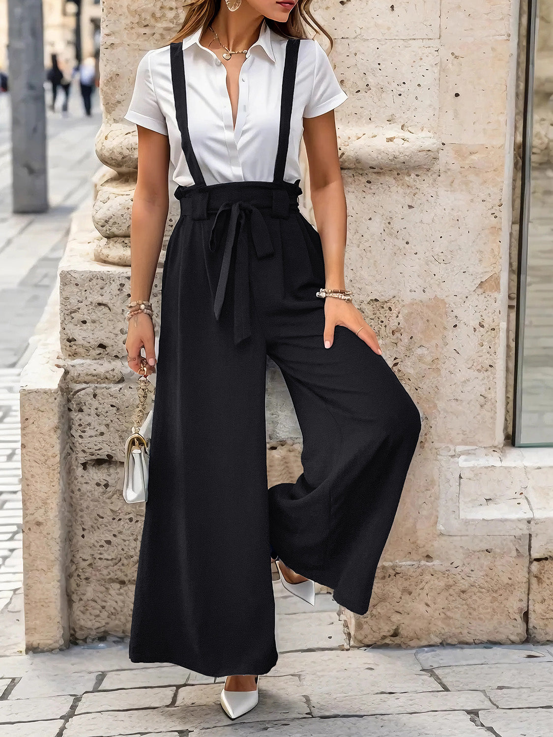 Perfee Tied Wide Leg Pants with Shoulder Straps