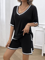 Devine Contrast Trim V-Neck Top and Shorts Set