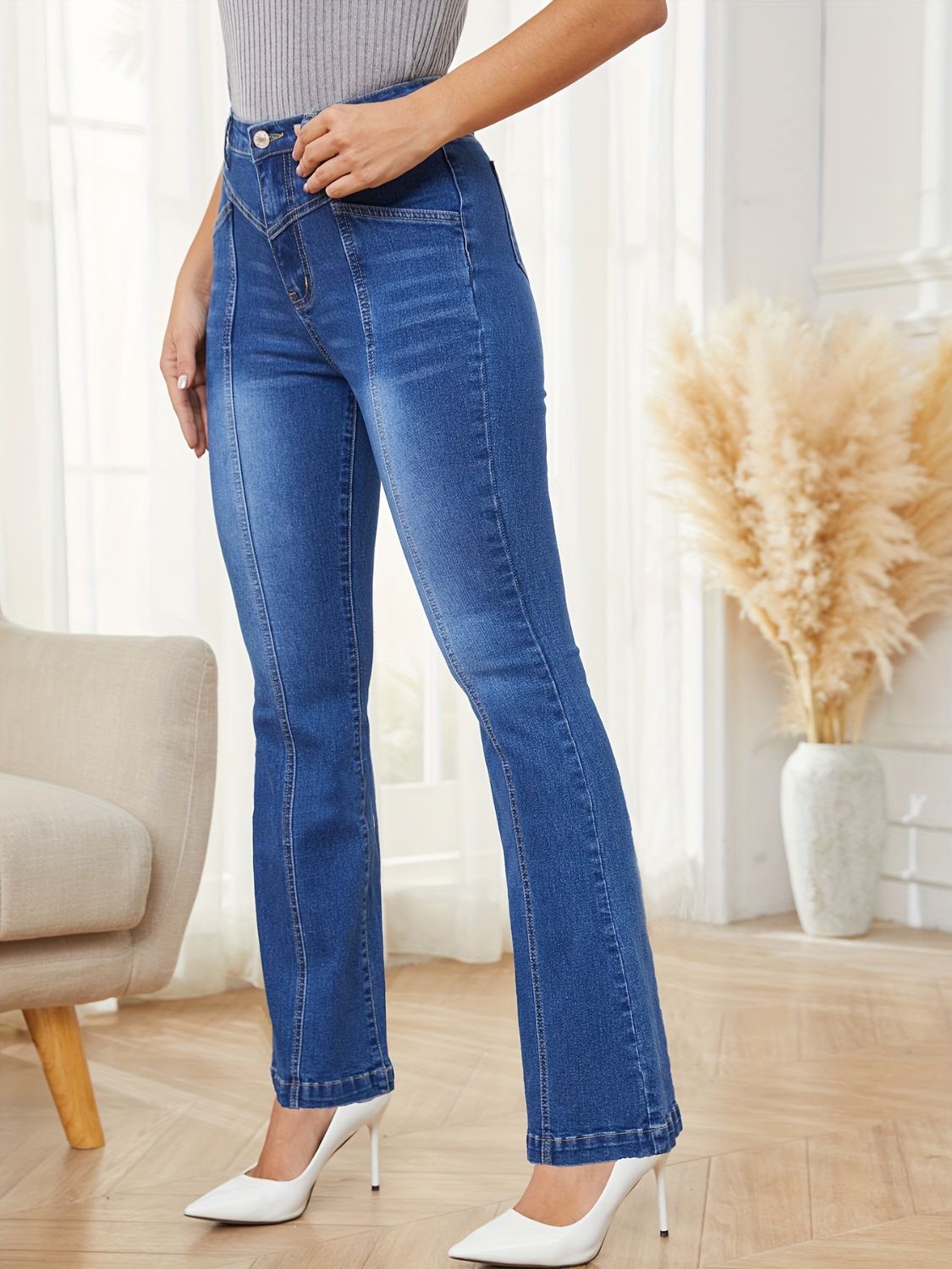 High Waist Bootcut Jeans with Pockets