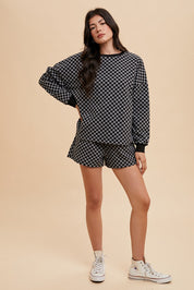 Annie Wear Checkered Round Neck Top and Drawstring Shorts Set