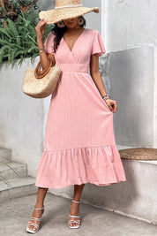 Honey Surplice Neck Smocked Waist Flutter Sleeve Dress