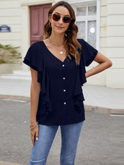 Ruffled V-Neck Short Sleeve Top