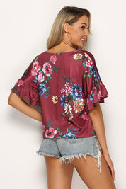 Shiny Floral Tie Hem Flounce Sleeve Top