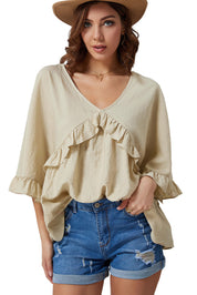 Ruffled V-Neck Half Sleeve Blouse