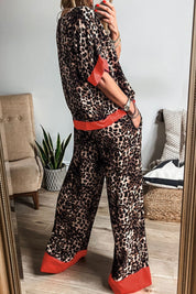 Contrast Trim Leopard Round Neck Top and Pants Lounge Set