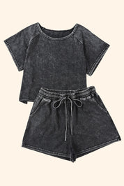 Heathered Round Neck Top and Shorts Lounge Set