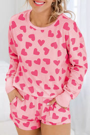 Heart Print Round Neck Top and Shorts Lounge Set