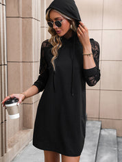 Perfee Lace Trim Long Sleeve Hooded Dress