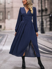 Perfee V-Neck Long Sleeve Pleated Slit Dress