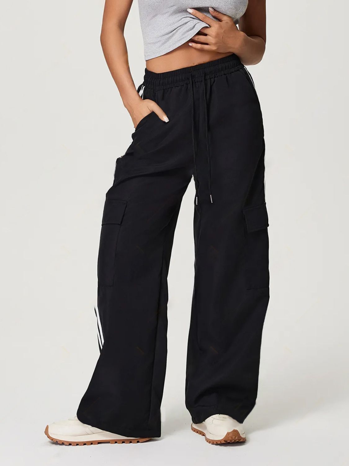 Side Striped Drawstring Wide Leg Pants