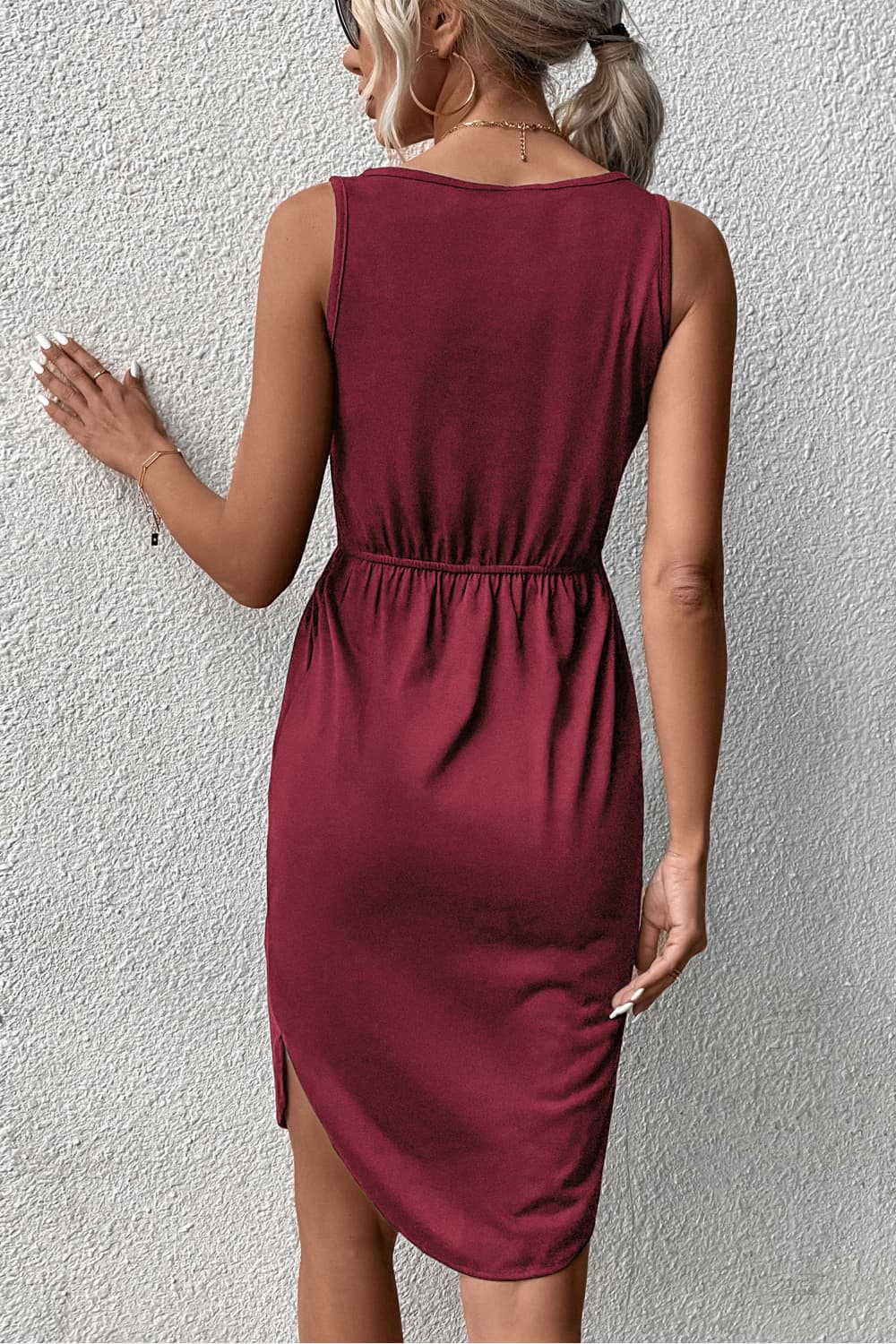 Perfee V-Neck Curved Hem Sleeveless Dress