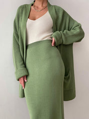 Pocketed Long Sleeve Cardigan and Skirt Sweater Set