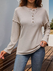 Perfee Slit Half Button Long Sleeve T-Shirt