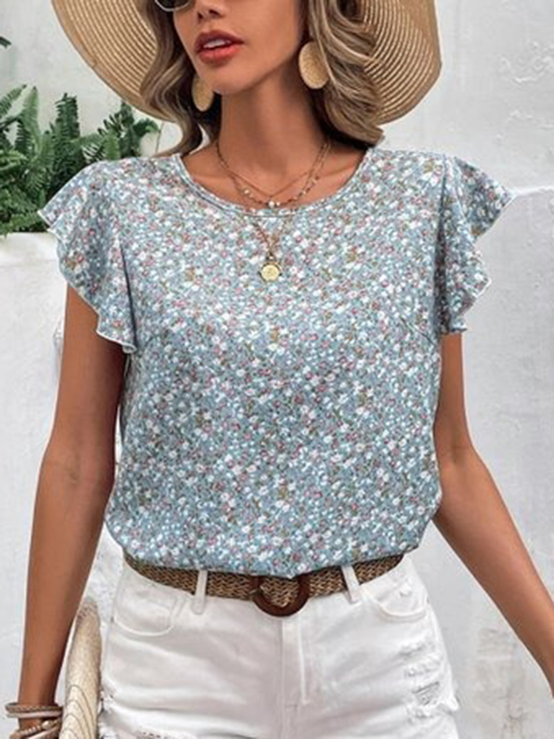 Ditsy Floral Round Neck Cap Sleeve Top