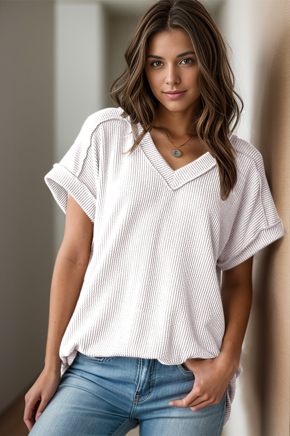 Textured V-Neck Short Sleeve Top