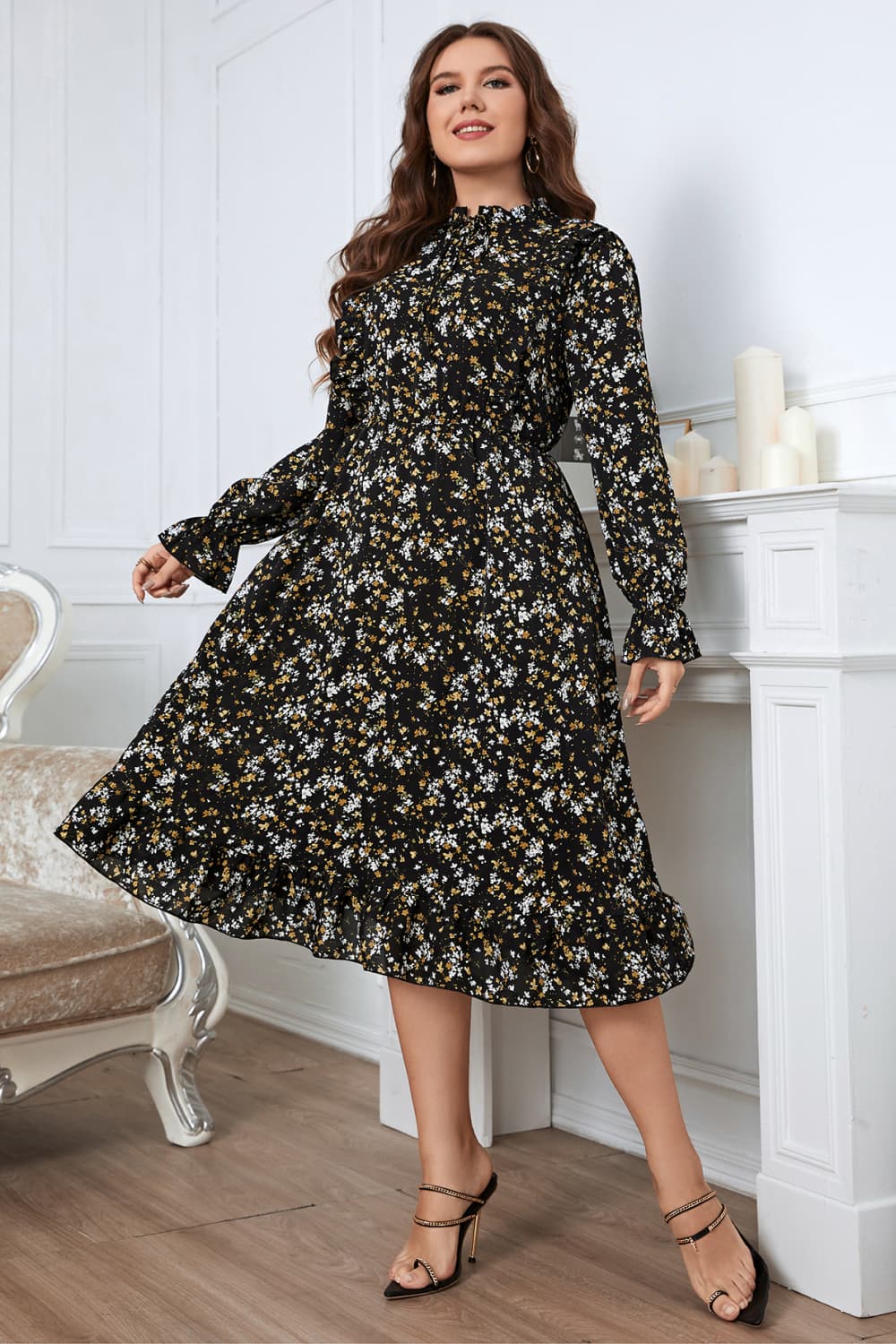 Honey Melo Apparel Plus Size Floral Flounce Sleeve Midi Dress