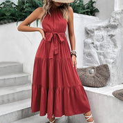 Perfee Tie Belt Tiered Midi Dress