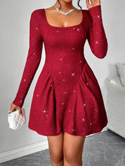 Backless Glitter Square Neck Long Sleeve Mini Dress