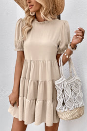 Perfee Puff Sleeve Tie Back Tiered Dress