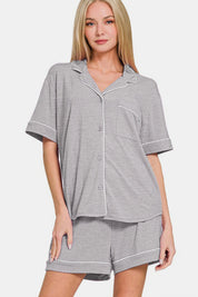 Zenana Button Down Short Sleeve Top and Shorts Lounge Set