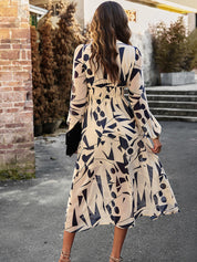 Devine Printed V-Neck Long Sleeve Midi Dress