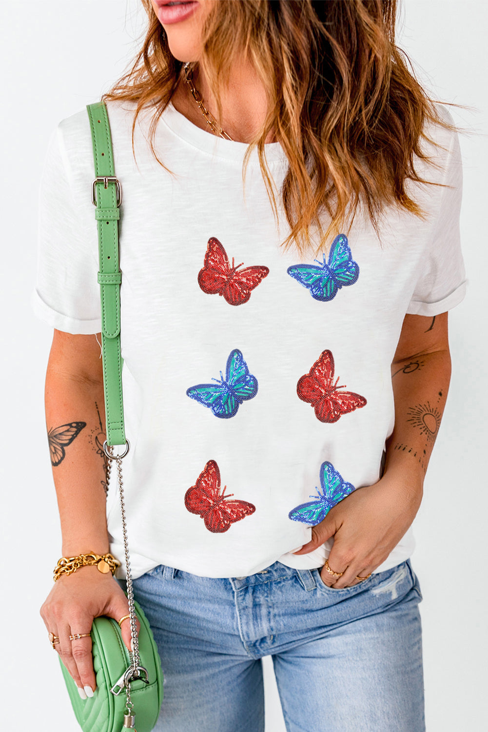 Sequin Butterfly Round Neck Short Sleeve T-Shirt