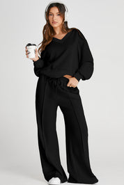 V-Neck Long Sleeve Top and Pants Active Set