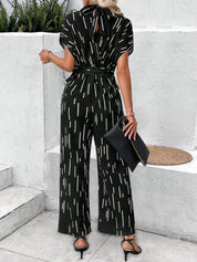 Tied Printed Mock Neck Wide Leg Jumpsuit