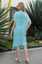 V-Neck Short Sleeve Fringe Hem Knit Dress