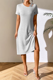 Ivy Lane Ribbed Asymmetrical Neck Short Sleeve Dress