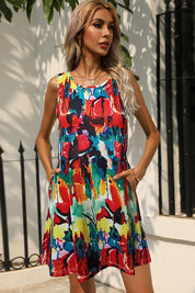 Shiny Printed Round Neck Sleeveless Dress with Pockets