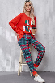 ALL IS BRIGHT Round Neck Top and Plaid Pants Lounge Set