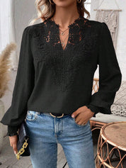 Swiss Dot Lace Detail Notched Long Sleeve Blouse